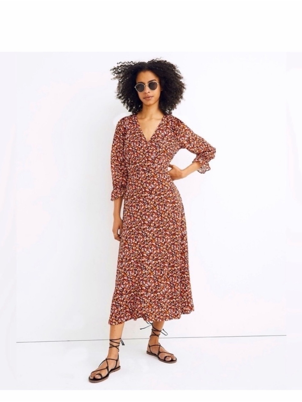 Madewell Long-Sleeve Crossover Midi Dress in Clipdot Spring Prairie